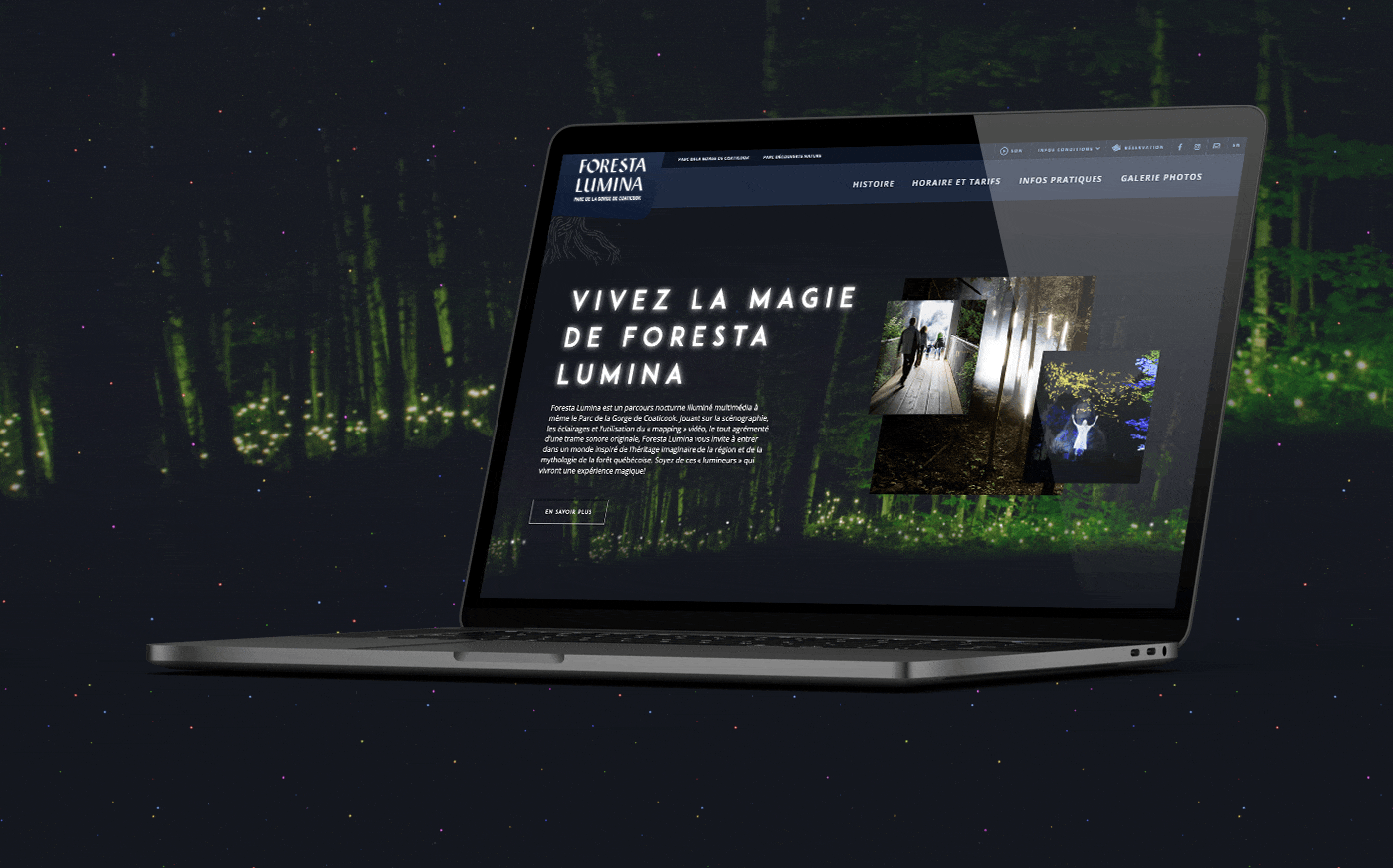 Conception d'un site web bilingue pour Foresta Lumina - attraits touristiques d'une expérience immersive de Coaticook / 2017 - Réalisation signée Projex Media