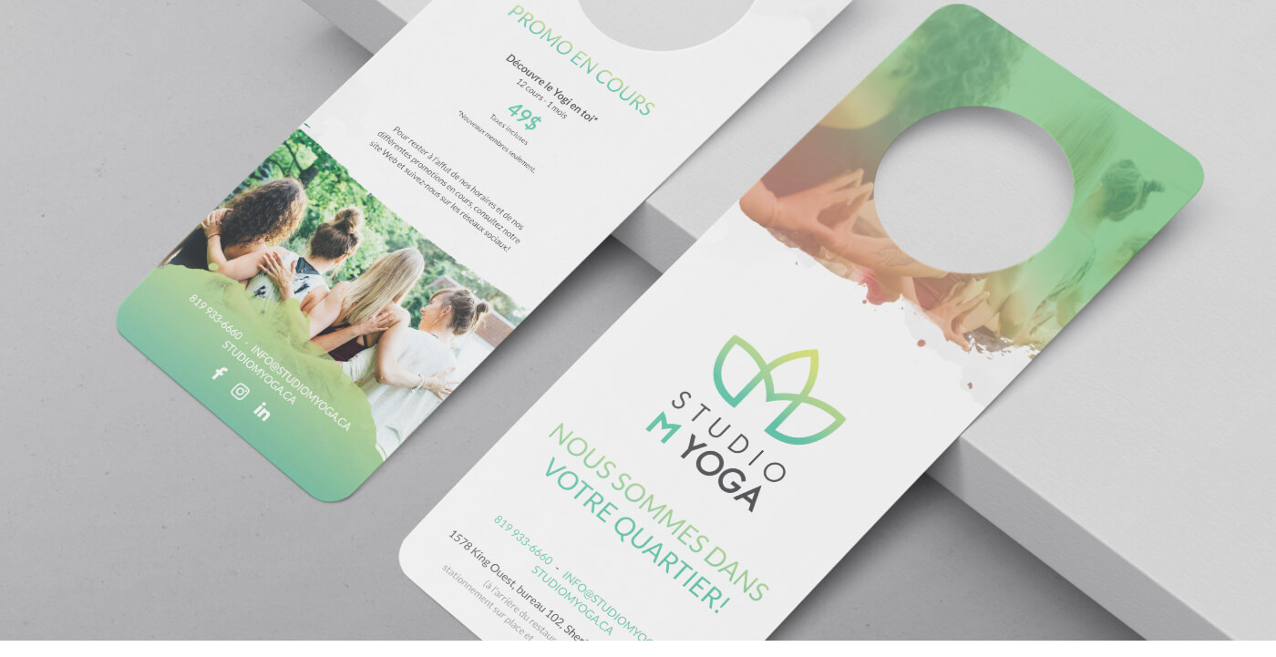 Conception d'un logo, enseigne, flyers publicitaires, affiche, accroche-porte publicitaire et site web pour le Studio M Yoga de Sherbrooke - aide à améliorer votre bien-être physique et mental / 2017 - Réalisation signée Projex Media