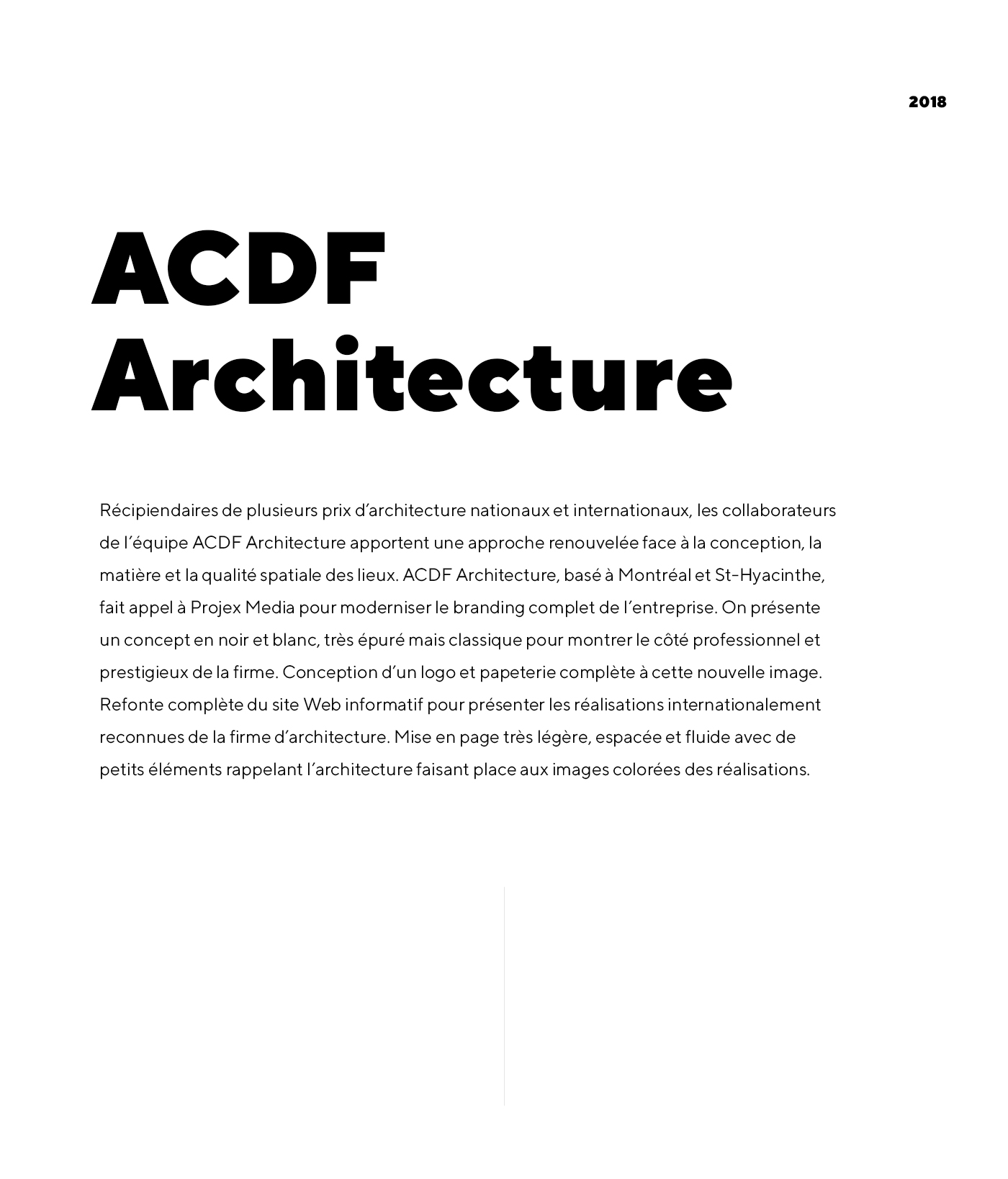 Conception de carte d'affaire, logo, papeterie et site web bilingue pour ACDF Architecture - firme d'architectes basé à Montréal et St-Hyacinthe / 2018 - Réalisation signée Projex Media