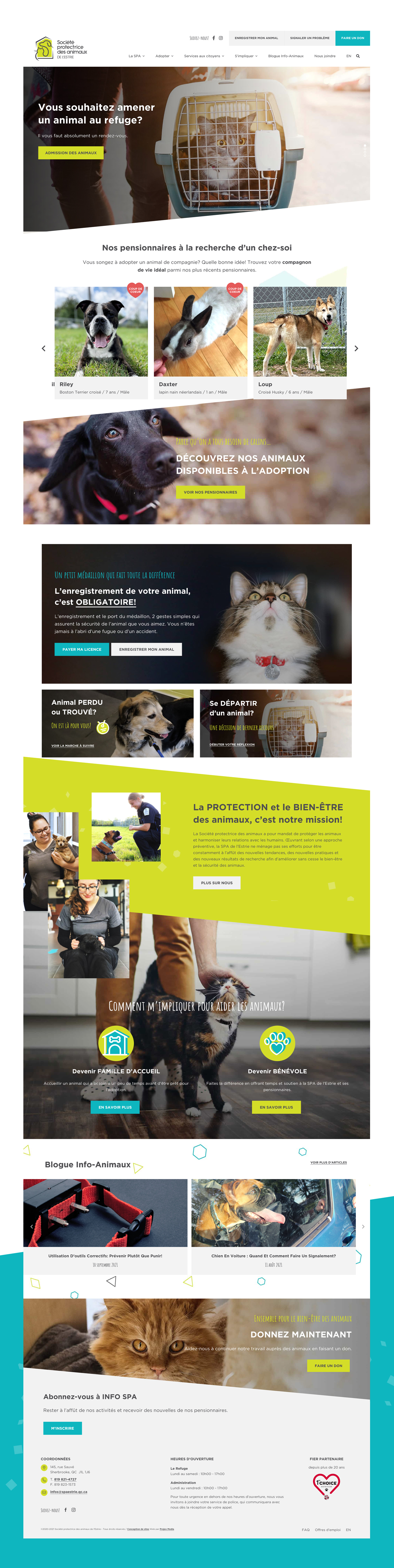 Site Web de la Société protectrice des animaux de l'Estrie / 2020 - Réalisation signée Projex Media