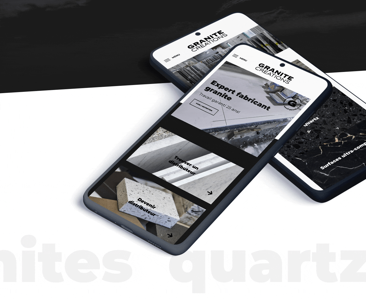 Site Web de Granite Créations, Expert fabricant de surfaces et de pièces de granite / 2021 - Réalisation signée Projex Media