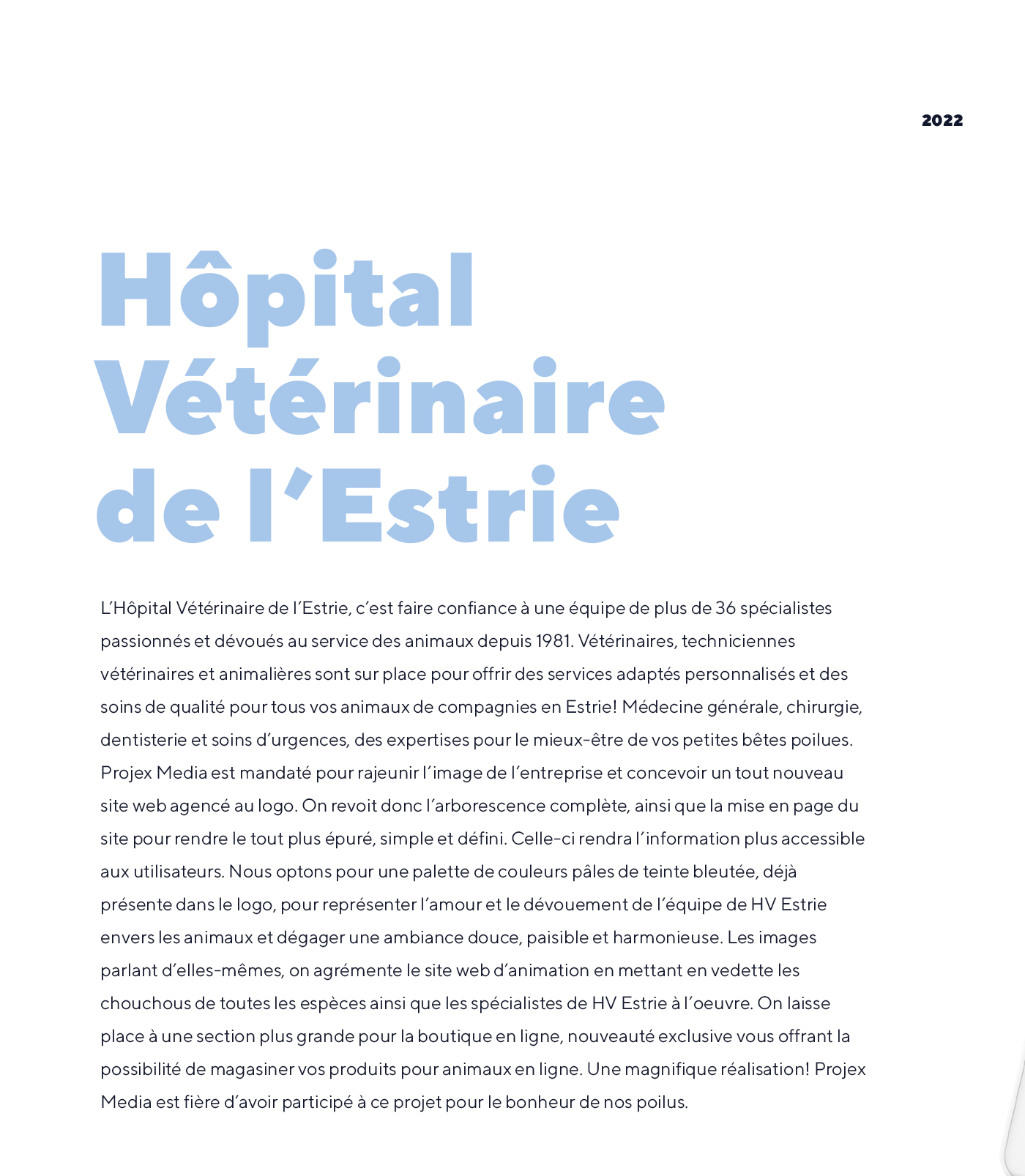 Site web de l'Hôpital Vétérinaire de l'Estrie / 2022 - Réalisation signée Projex Media